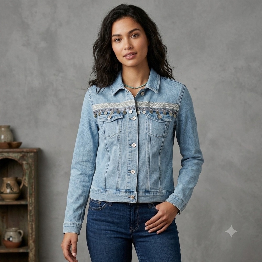 Boom Boom Jeans Womens Size Large Denim Jacket Blue Jean Boho Embroidered Fringe